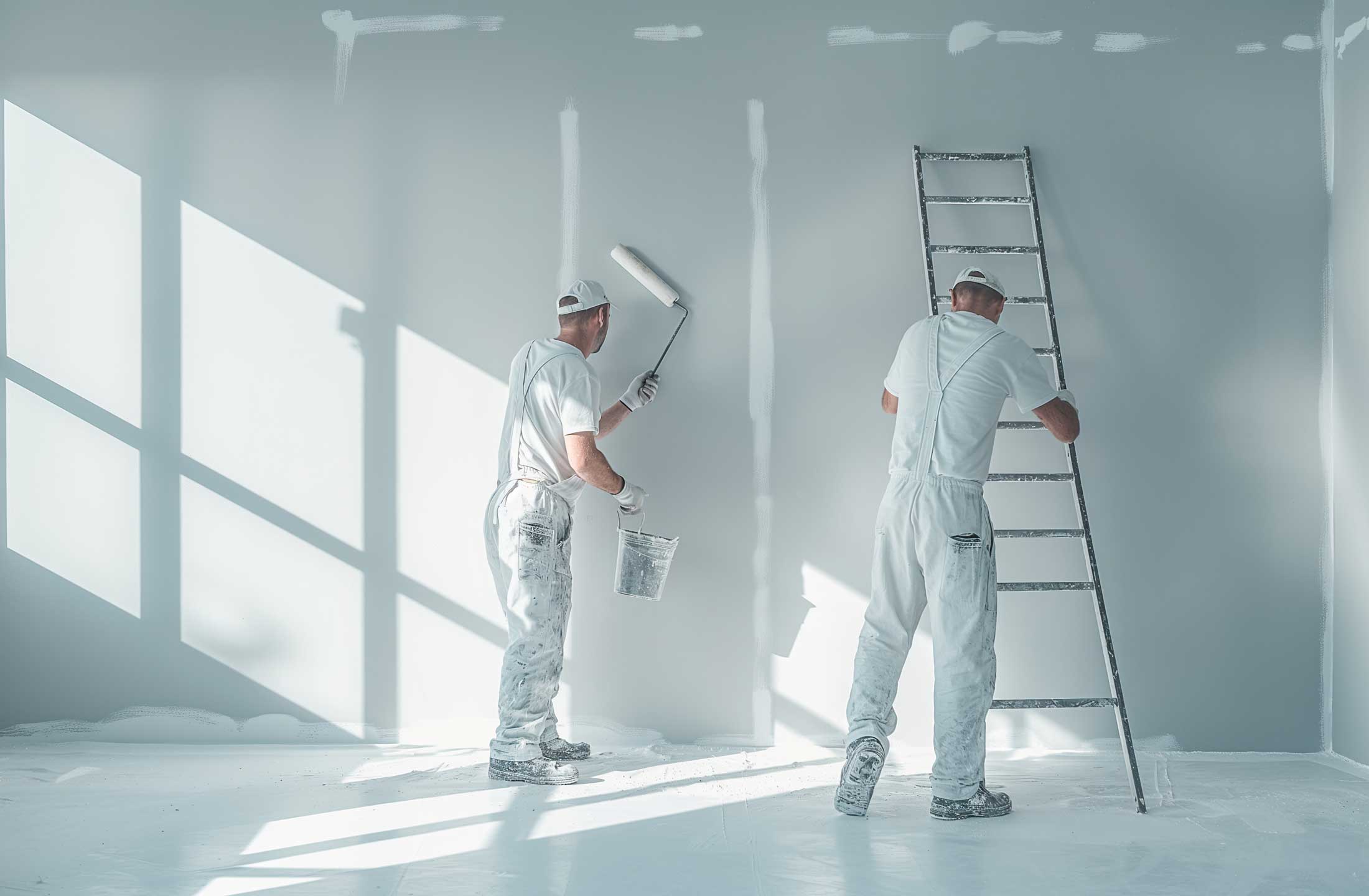 Two painters in white overalls painting a room, with a ladder against the wall