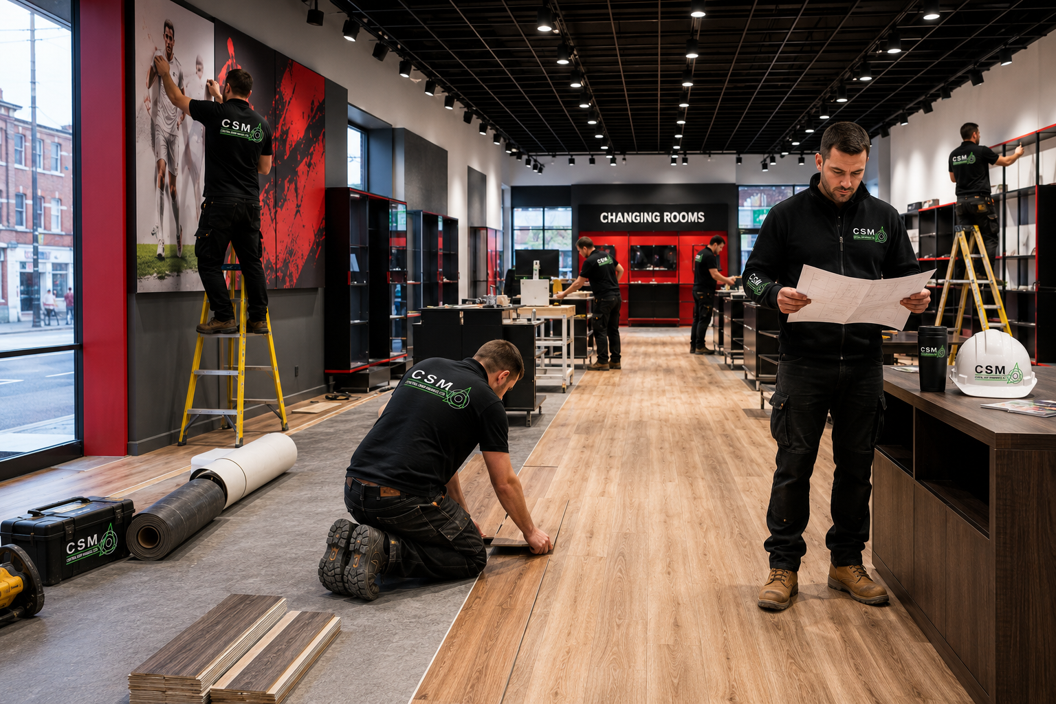 Retail-Roll-Out-Services Retail roll out services team installing flooring, signage and shop fittings during a nationwide store refurbishment project.