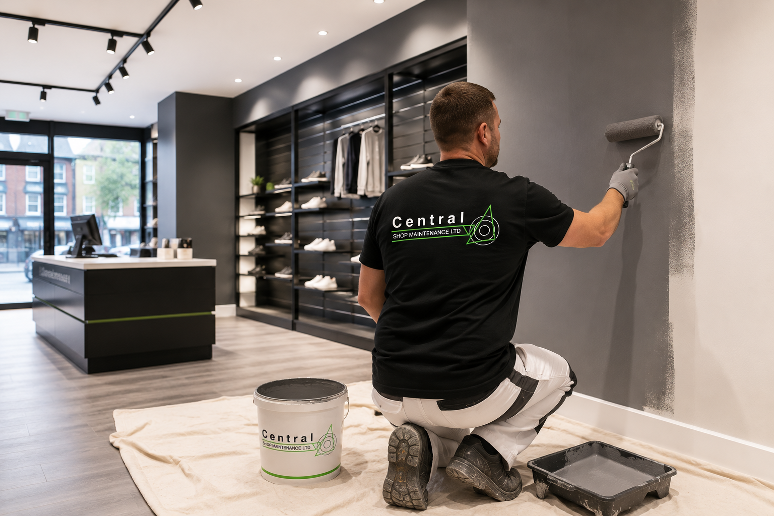 CSM decorator carrying out painting and decorating works during a retail store refurbishment and nationwide roll out programme.