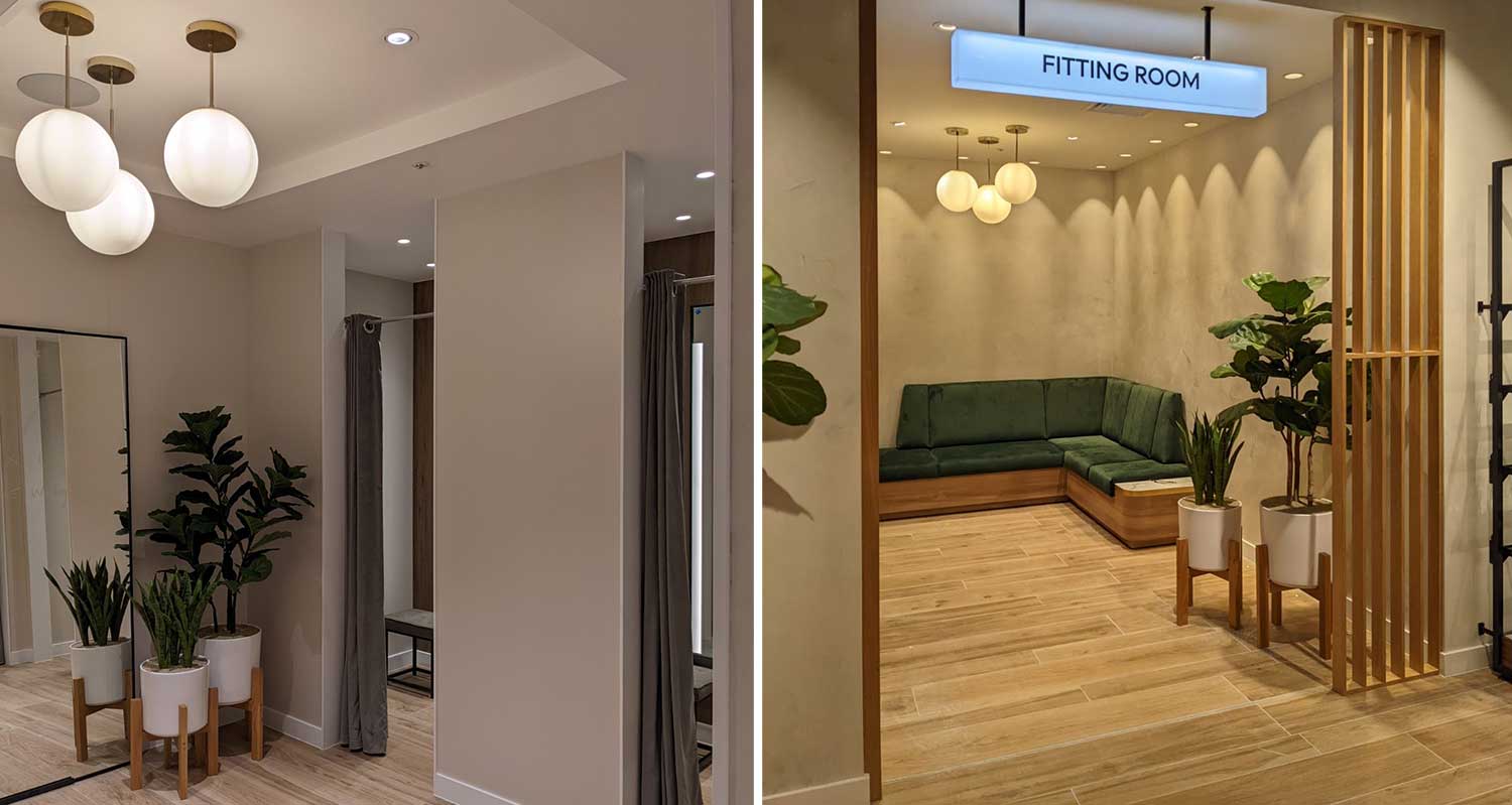 Retail fitting room joinery with framed cubicle, mirror and seating area, bespoke joinery manufactured and installed by Central Shop Maintenance