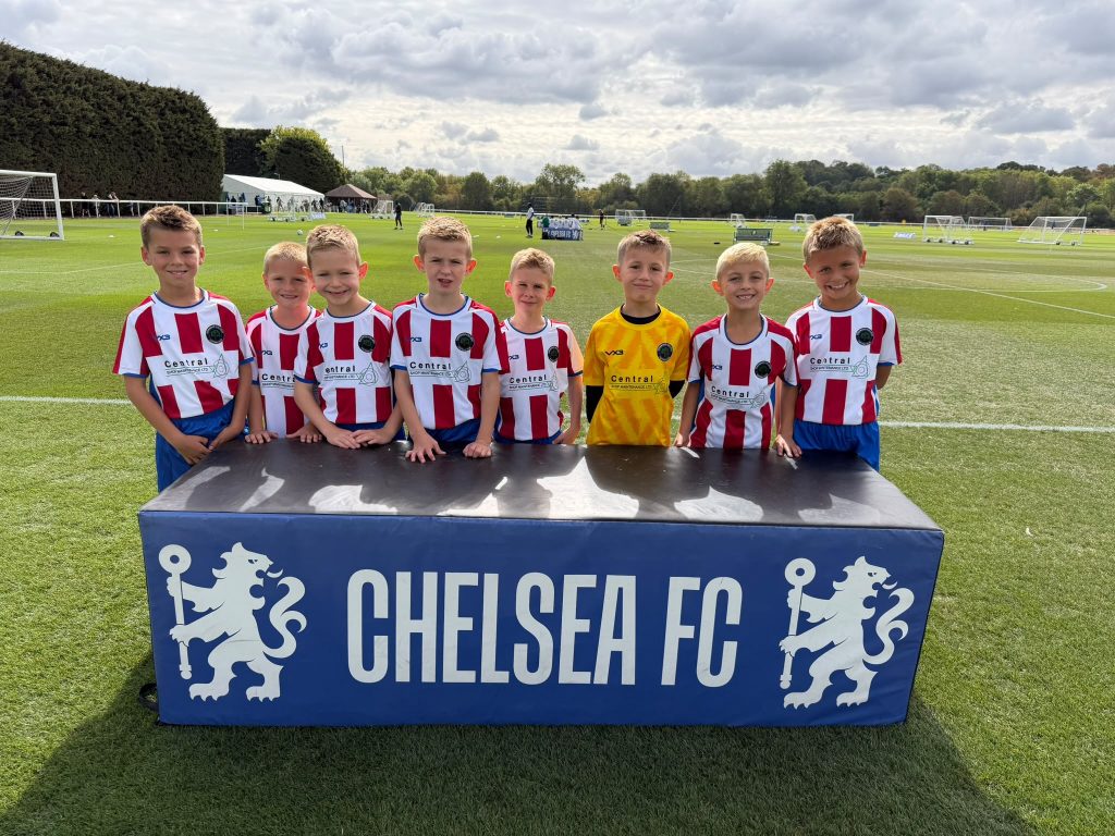 Sherwood Colliery Stags U8s football team in Central Shop Maintenance sponsored kit at Chelsea FC's Cobham training ground