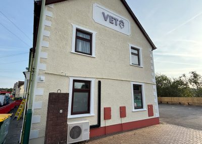 Refurbished building gable end with VET sign at Summerwood Vets